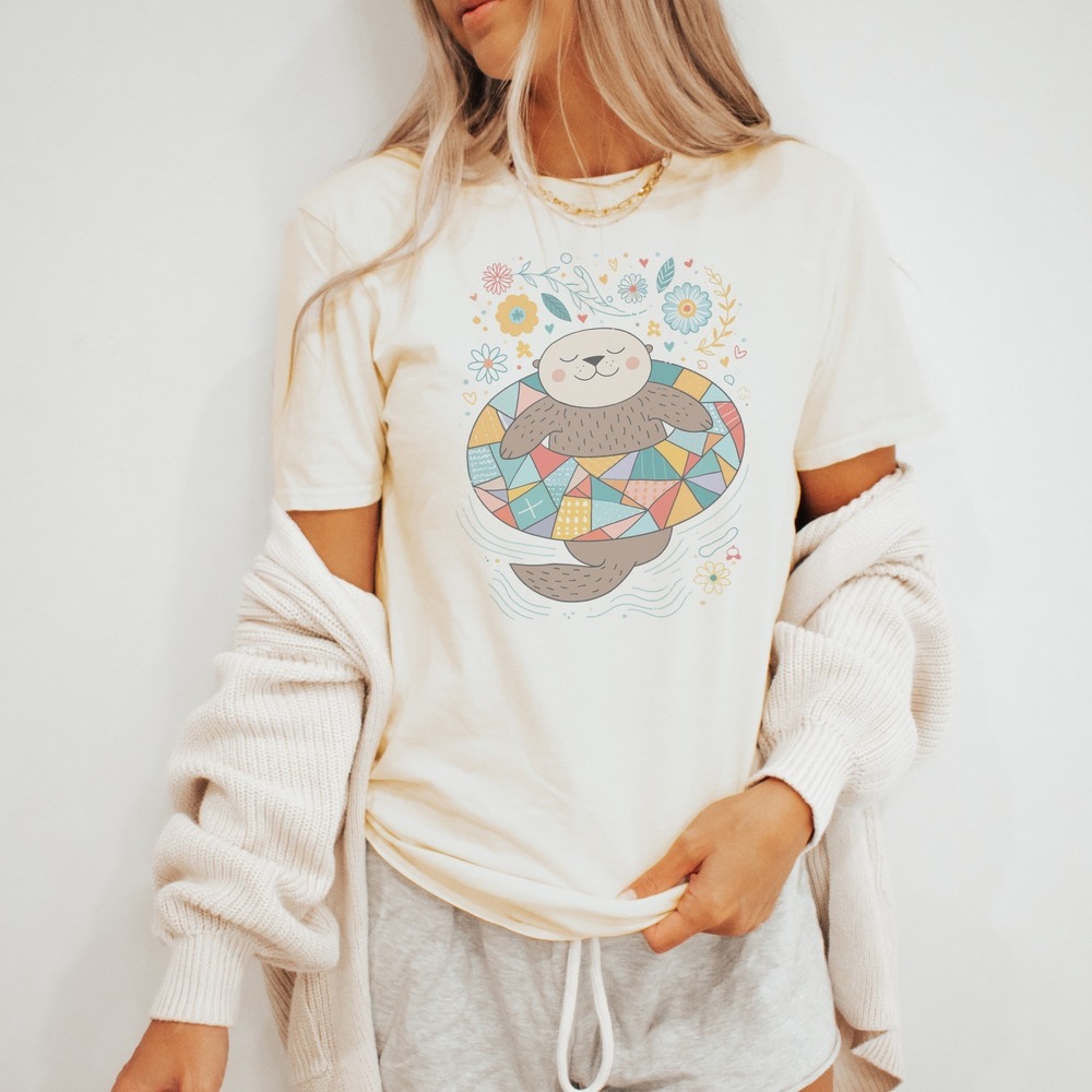 Floating Otter Botanical Doodle Boho Tee